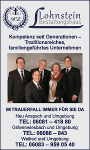 Bestattungsvorsorge in Neu-Anspach beim Bestattungshaus Lohnstein: Kontaktdaten und Informationen zu Vorsorgeberatung, Bestattungsarten und organisatorischen Leistungen.