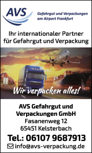 Banner der AVS Gefahrgut und Verpackungen GmbH mit Kontaktdaten sowie Leistungen rund um Industrieverpackung, Gefahrgutverpackung und Transportl&ouml;sungen in Kelsterbach.