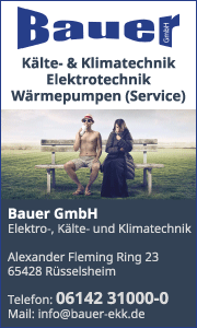 Bauer GmbH Rüsselsheim mit Kontaktdaten und Informationen zu Klimaanlagen, Kälte- und Elektrotechnik sowie Wartung und Reparatur.