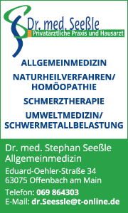 Banner mit Kontaktdaten und Leistungsübersicht zur Schmerztherapie in Frankfurt bei Praxis Dr. Seeßle